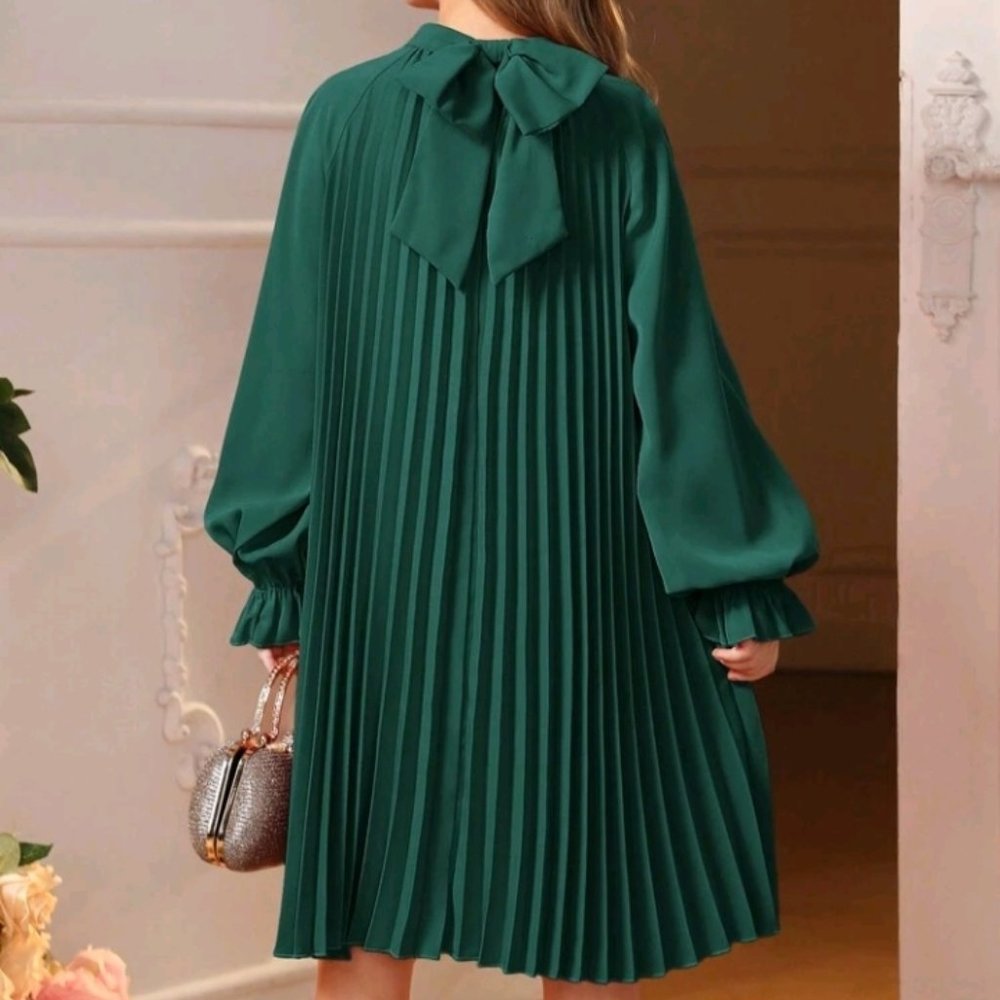 Flare Sleeve Back Tie Pleated Dress
